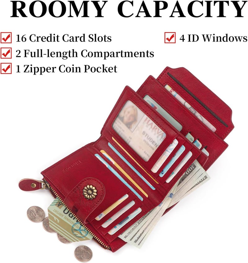 Blucoay Wallet Women,RFID Blocking Real Leather Womens Wallet Bifold Compact Card Holder Small Wallet for Women with Removable ID Window Red - Image 3